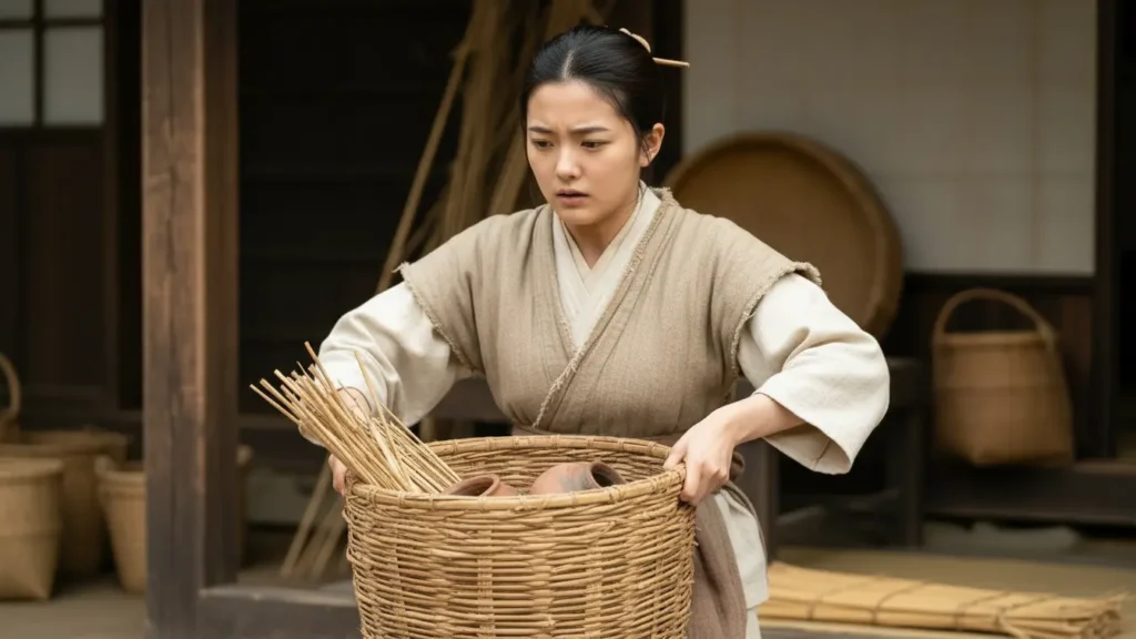 どっこいしょと重い荷物を運ぶ女性